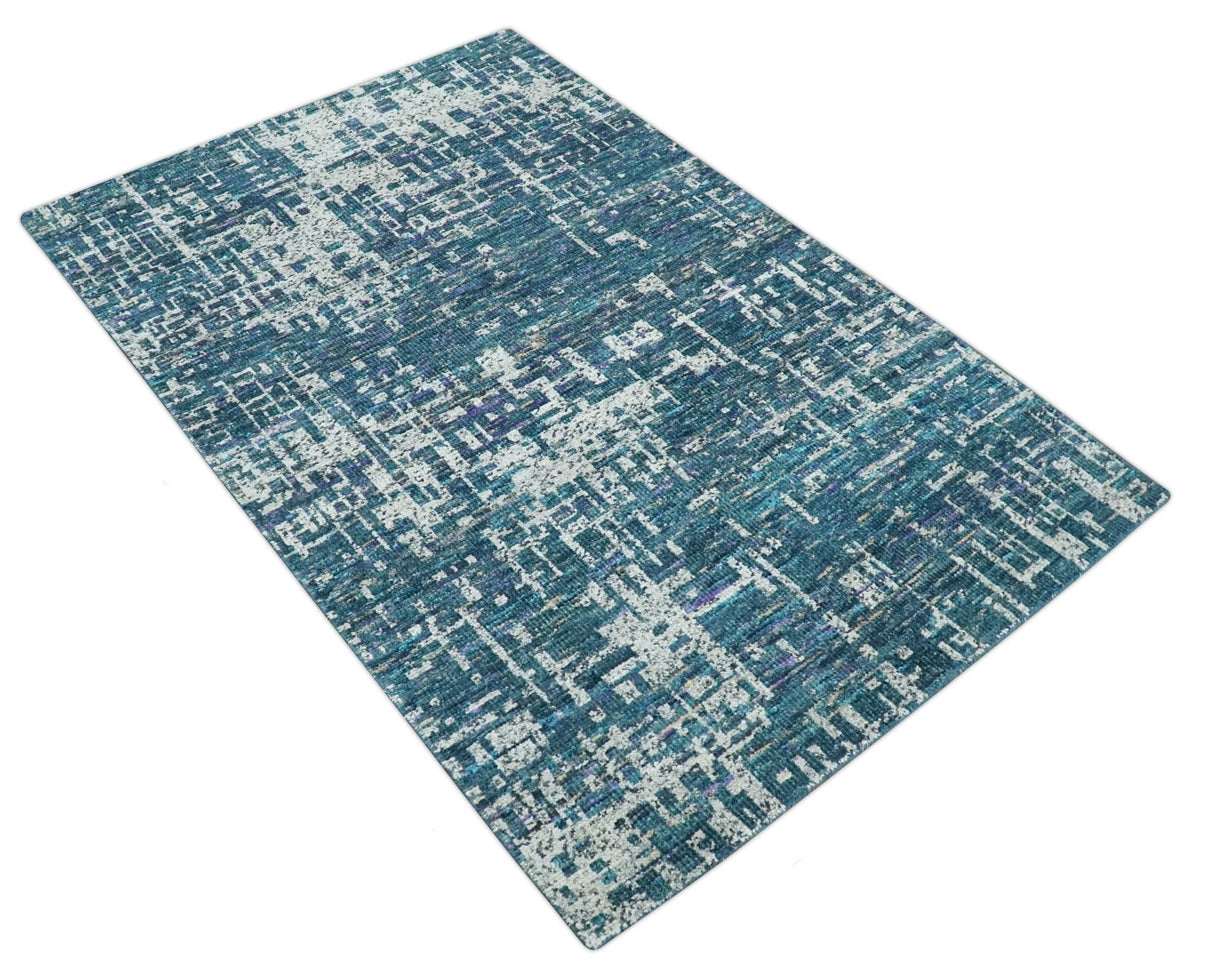 Hand Knotted Teal and Ivory Modern Abstract Contemporary Recycled Silk Area Rug
