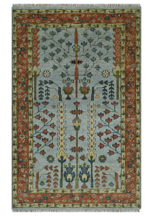Hand Knotted Tree of Life Rust and Blue Traditional Turkish Design Wool Rug