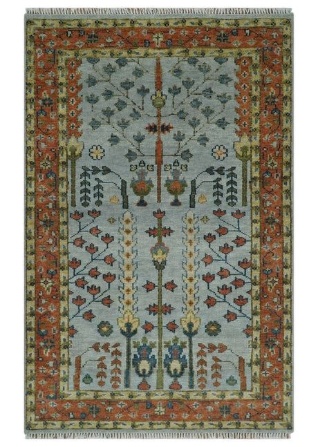 Hand Knotted Tree of Life Rust and Blue Traditional Turkish Design Wool Rug