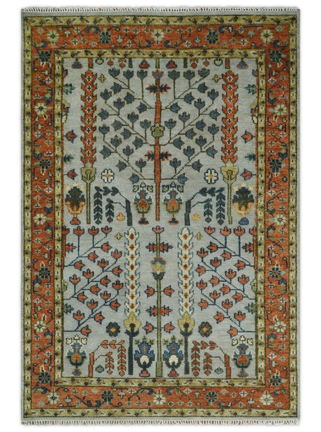 Hand Knotted Tree of Life Rust and Blue Traditional Turkish Design Wool Rug