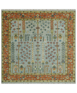Hand Knotted Tree of Life Rust and Blue Traditional Turkish Design Wool Rug