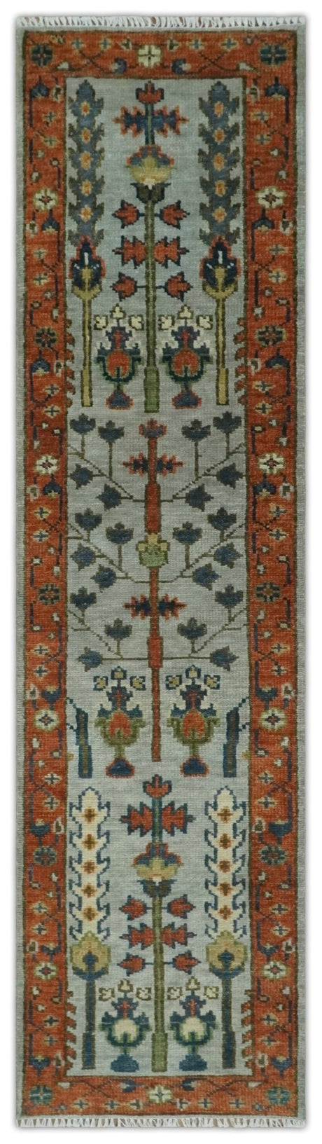 Hand Knotted Tree of Life Rust and Blue Traditional Turkish Design Wool Rug