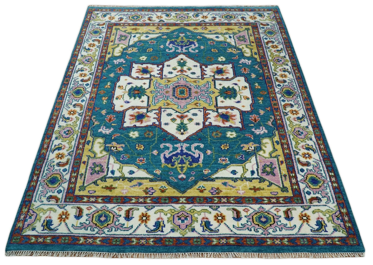Hand Knotted White, Gold and Blue Multi Sizes Vibrant Colorful Heriz Medallion Area Rug