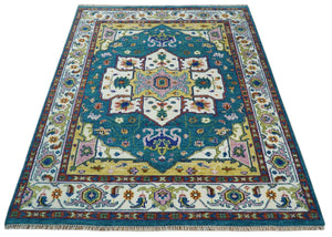 Hand Knotted White, Gold and Blue Multi Sizes Vibrant Colorful Heriz Medallion Area Rug