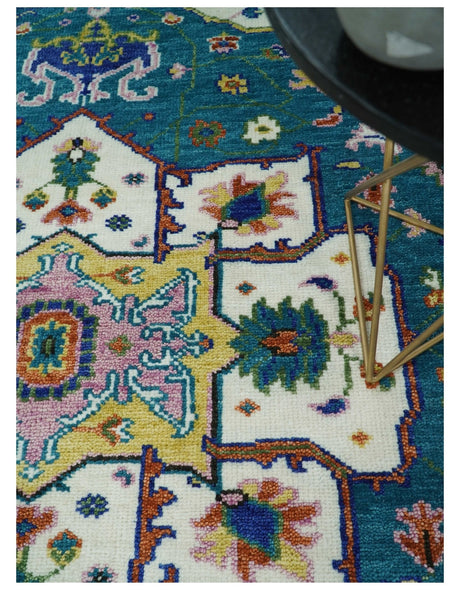 Hand Knotted White, Gold and Blue Multi Sizes Vibrant Colorful Heriz Medallion Area Rug