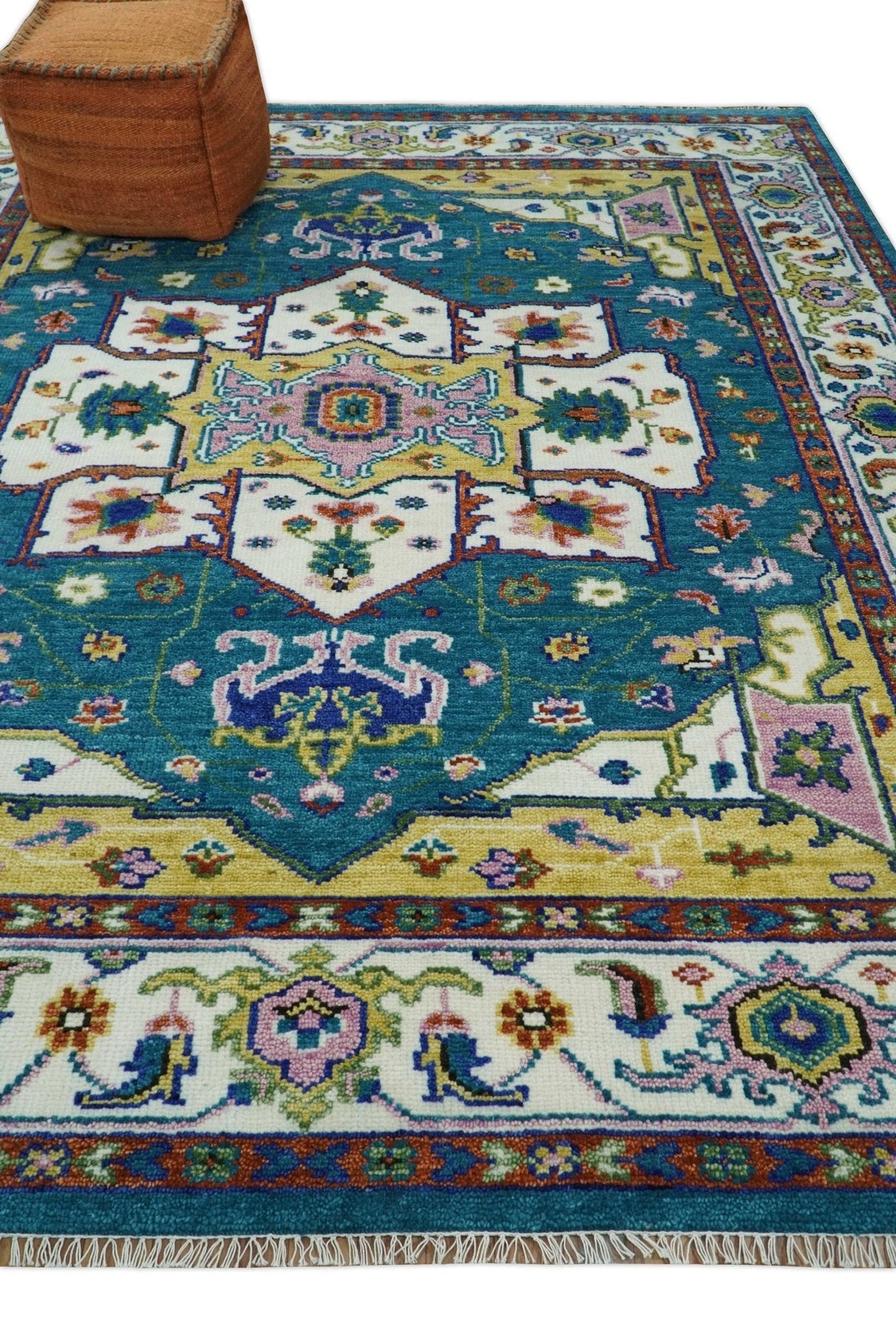 Hand Knotted White, Gold and Blue Multi Sizes Vibrant Colorful Heriz Medallion Area Rug