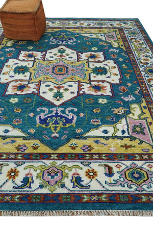 Hand Knotted White, Gold and Blue Multi Sizes Vibrant Colorful Heriz Medallion Area Rug