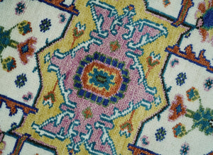 Hand Knotted White, Gold and Blue Multi Sizes Vibrant Colorful Heriz Medallion Area Rug