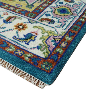 Hand Knotted White, Gold and Blue Multi Sizes Vibrant Colorful Heriz Medallion Area Rug
