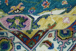 Hand Knotted White, Gold and Blue Multi Sizes Vibrant Colorful Heriz Medallion Area Rug