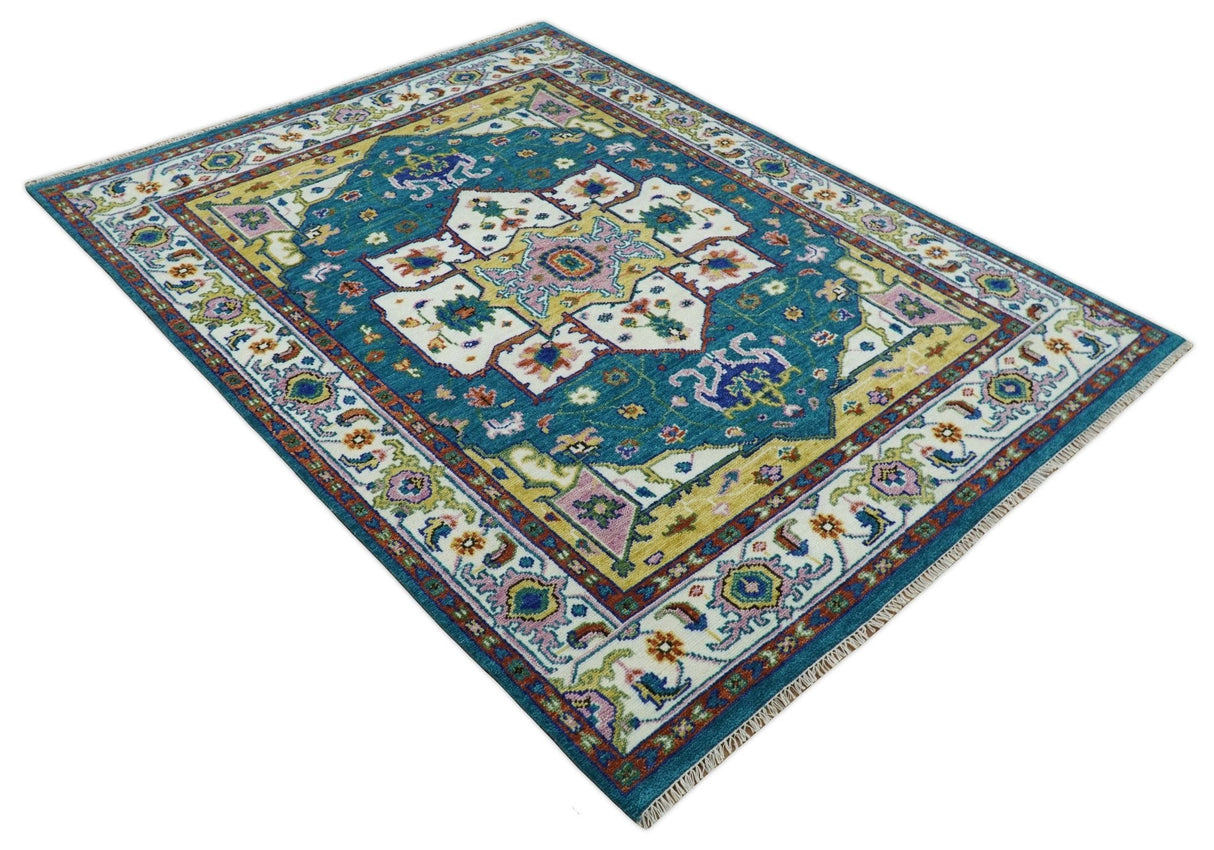 Hand Knotted White, Gold and Blue Multi Sizes Vibrant Colorful Heriz Medallion Area Rug