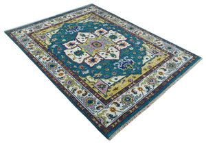 Hand Knotted White, Gold and Blue Multi Sizes Vibrant Colorful Heriz Medallion Area Rug