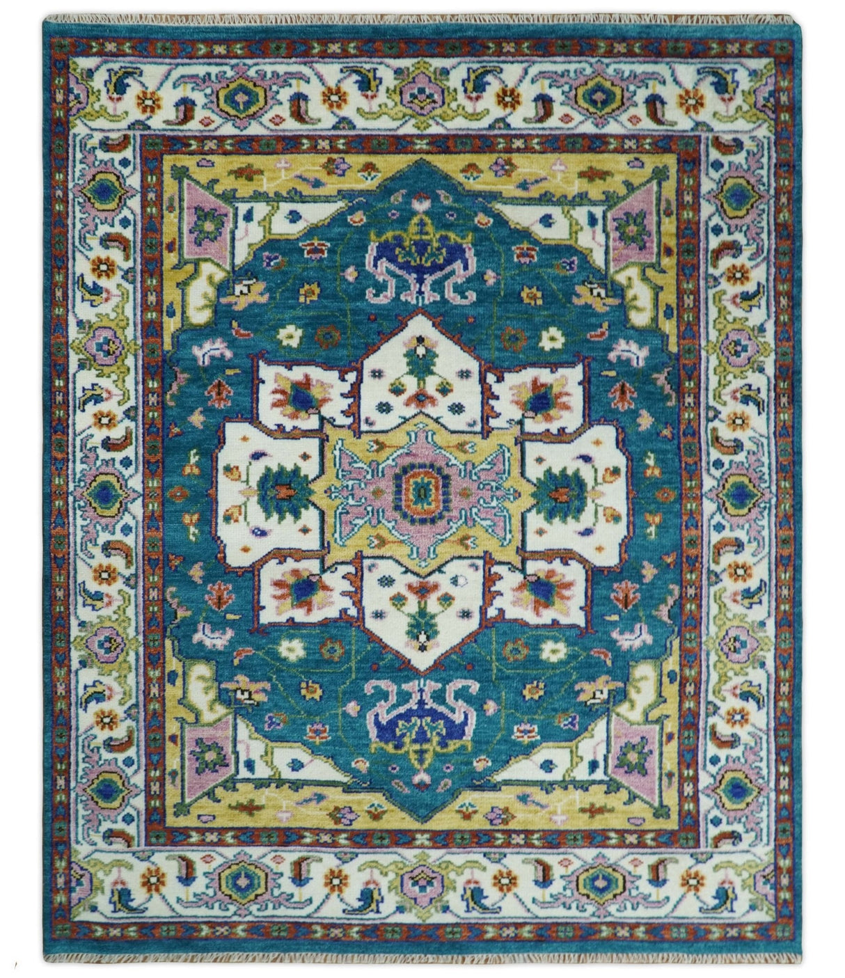 Hand Knotted White, Gold and Blue Multi Sizes Vibrant Colorful Heriz Medallion Area Rug