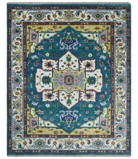 Hand Knotted White, Gold and Blue Multi Sizes Vibrant Colorful Heriz Medallion Area Rug