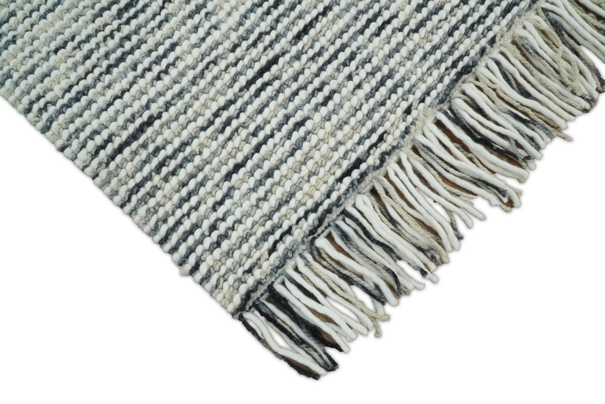 Hand Made Beige and Blue Woolen Chunky and Soft Area Rug