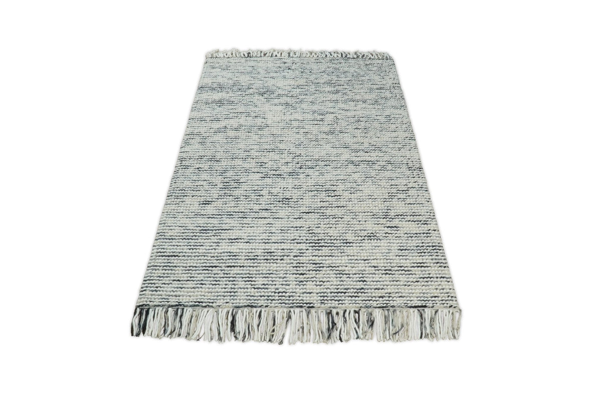 Hand Made Beige and Blue Woolen Chunky and Soft Area Rug