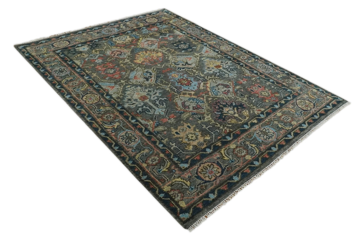 Hand Spun Wool Traditional Legacy Oushak Blue, Rust and Charcoal Area Rug