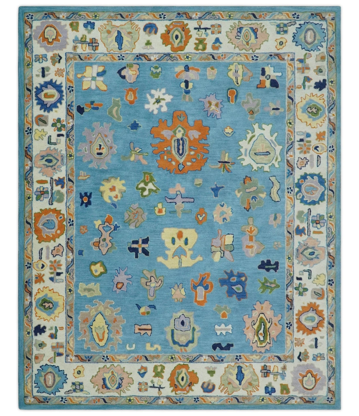 Hand Tufted Blue and Ivory Multi Size Modern Colorful Oushak Rug, Kids, Living Room and Bedroom Rug