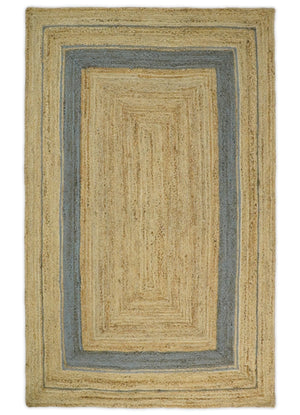 Hand Woven 100% Natural Fiber Blue and Brown Natural Jute Rug | JR2
