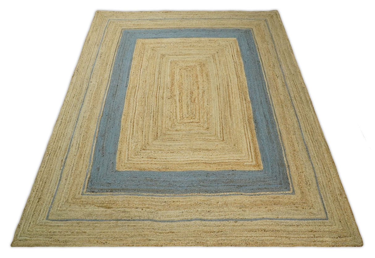 Hand Woven 100% Natural Fiber Blue and Brown Natural Jute Rug | JR2