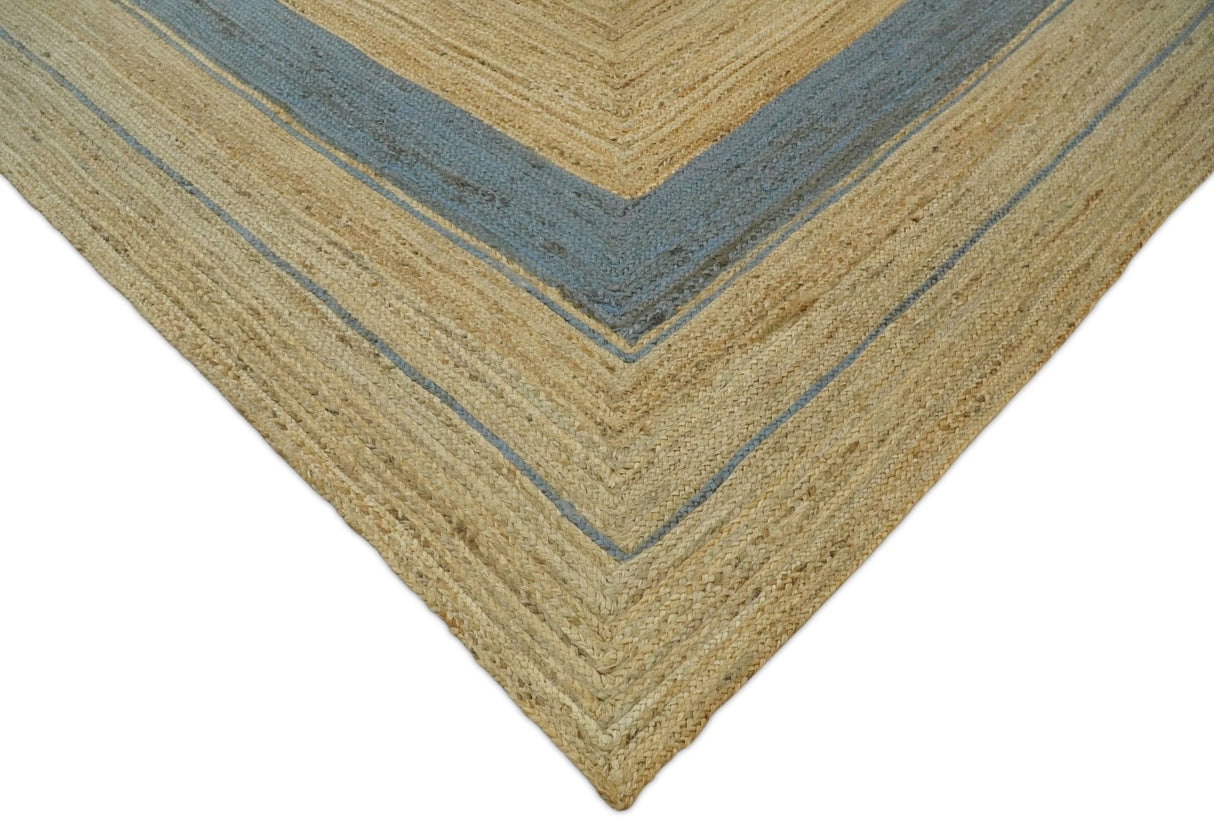 Hand Woven 100% Natural Fiber Blue and Brown Natural Jute Rug | JR2