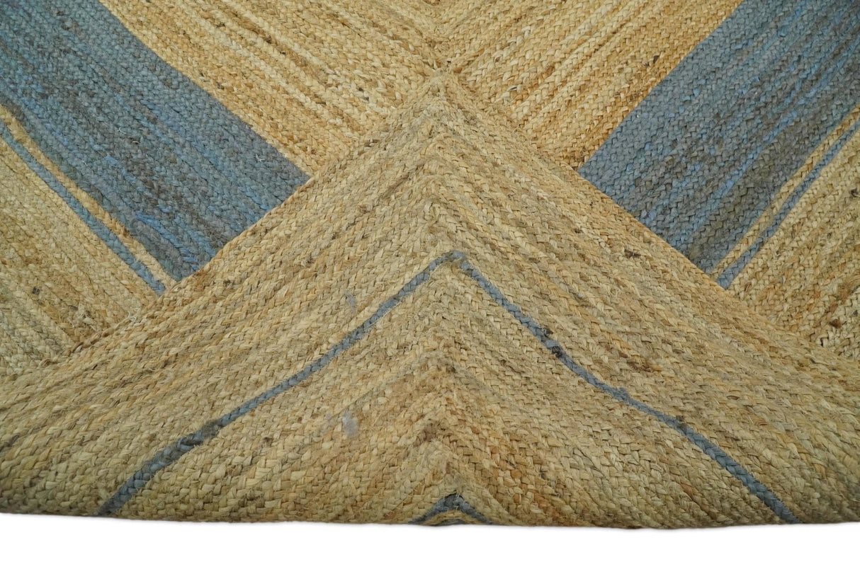 Hand Woven 100% Natural Fiber Blue and Brown Natural Jute Rug | JR2