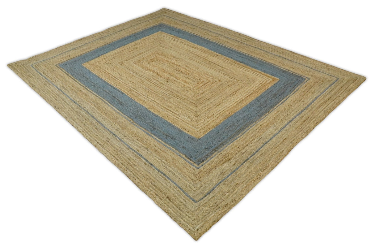 Hand Woven 100% Natural Fiber Blue and Brown Natural Jute Rug | JR2