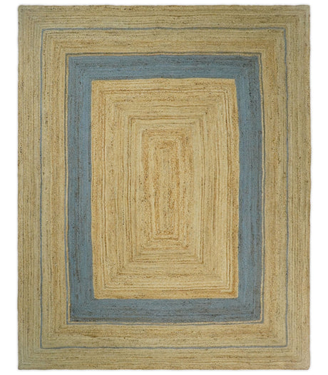 Hand Woven 100% Natural Fiber Blue and Brown Natural Jute Rug | JR2
