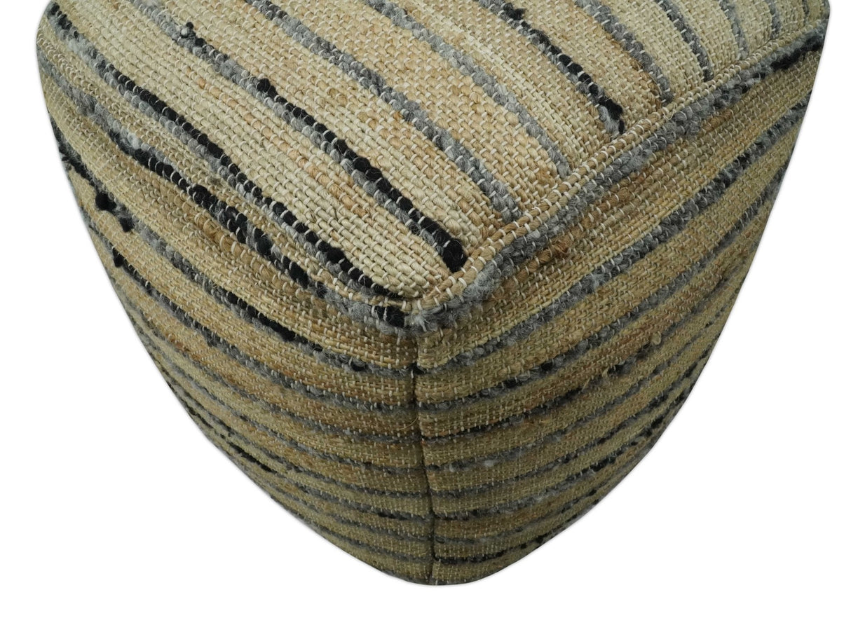 Hand Woven Beige and Charcoal Stripes Design Jute Pouf