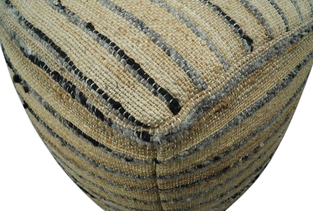 Hand Woven Beige and Charcoal Stripes Design Jute Pouf