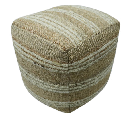 Hand Woven Beige and Ivory Stripes Design tassel Jute and wool Pouf