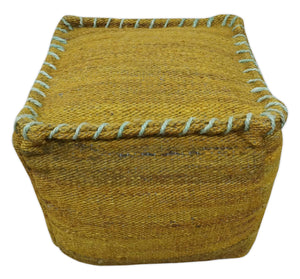Hand Woven Boho Natural Farmhouse Mustard Gold and Gray Jute Pouf Ottoman | TRD128P