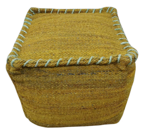 Hand Woven Boho Natural Farmhouse Mustard Gold and Gray Jute Pouf Ottoman | TRD128P