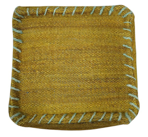 Hand Woven Boho Natural Farmhouse Mustard Gold and Gray Jute Pouf Ottoman | TRD128P