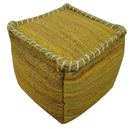 Hand Woven Boho Natural Farmhouse Mustard Gold and Gray Jute Pouf Ottoman | TRD128P