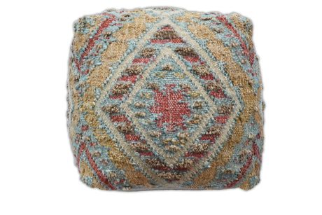Hand Woven Boho Tribal Large Mustard and Blue Jute and Wool Pouf | TRD120P