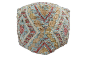 Hand Woven Boho Tribal Large Mustard and Blue Jute and Wool Pouf | TRD120P