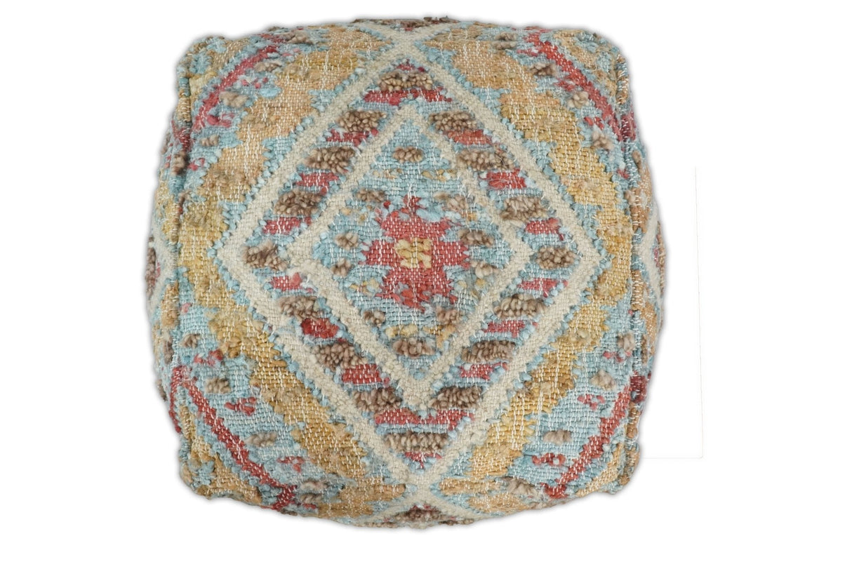Hand Woven Boho Tribal Large Mustard and Blue Jute and Wool Pouf | TRD120P