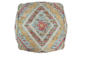 Hand Woven Boho Tribal Large Mustard and Blue Jute and Wool Pouf | TRD120P