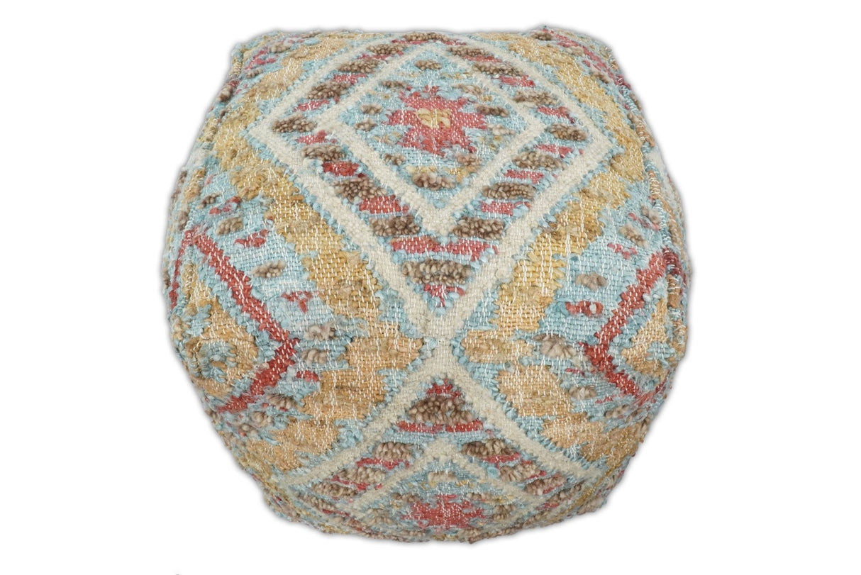 Hand Woven Boho Tribal Large Mustard and Blue Jute and Wool Pouf | TRD120P