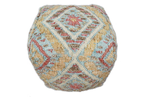 Hand Woven Boho Tribal Large Mustard and Blue Jute and Wool Pouf | TRD120P