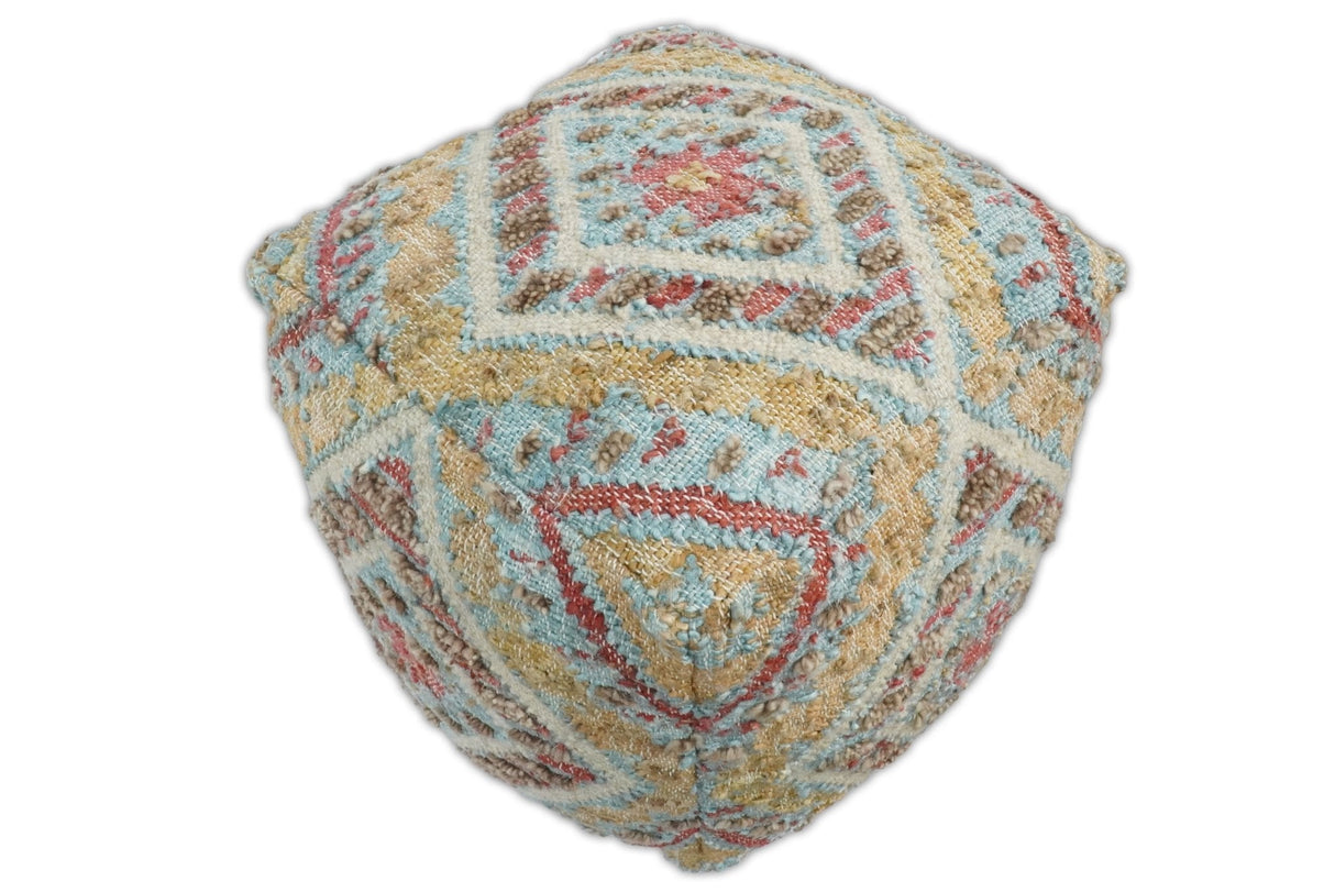 Hand Woven Boho Tribal Large Mustard and Blue Jute and Wool Pouf | TRD120P