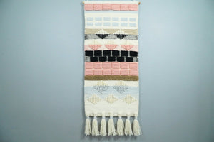 Hand Woven Wool Tapestry White, Blue and Pink Bohemian Modern Wall Hanging | WH13