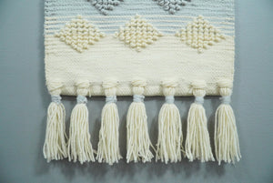 Hand Woven Wool Tapestry White, Blue and Pink Bohemian Modern Wall Hanging | WH13