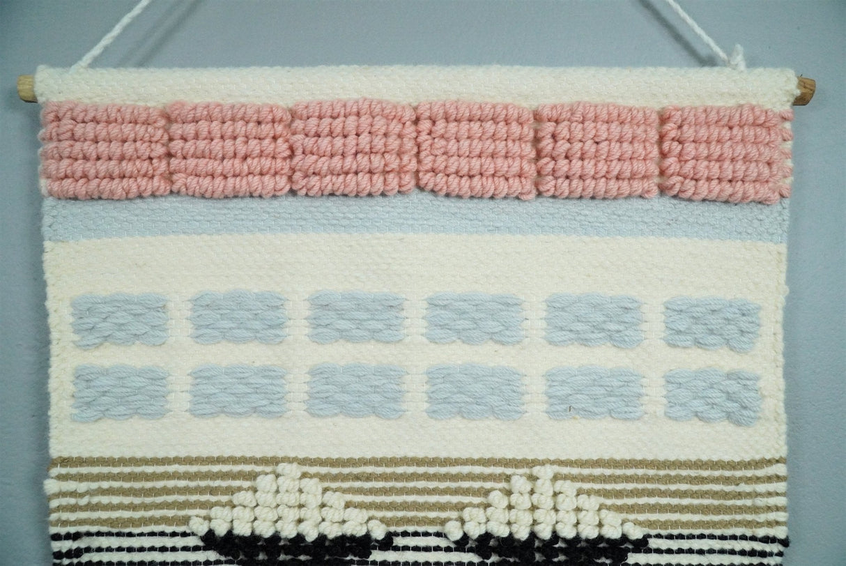 Hand Woven Wool Tapestry White, Blue and Pink Bohemian Modern Wall Hanging | WH13