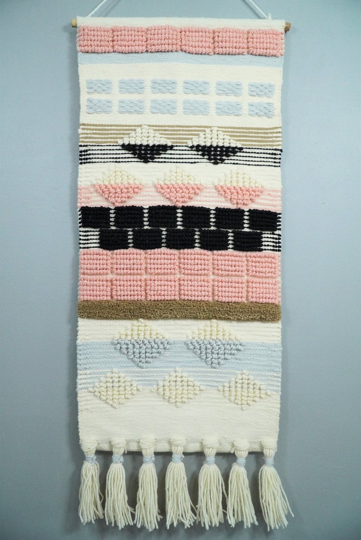 Hand Woven Wool Tapestry White, Blue and Pink Bohemian Modern Wall Hanging | WH13