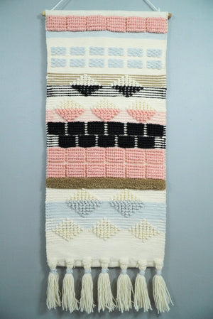 Hand Woven Wool Tapestry White, Blue and Pink Bohemian Modern Wall Hanging | WH13