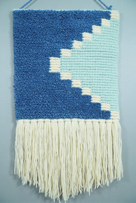 Hand Woven Wool Tapestry White and Blue Bohemian Modern Wall Hanging | WH8