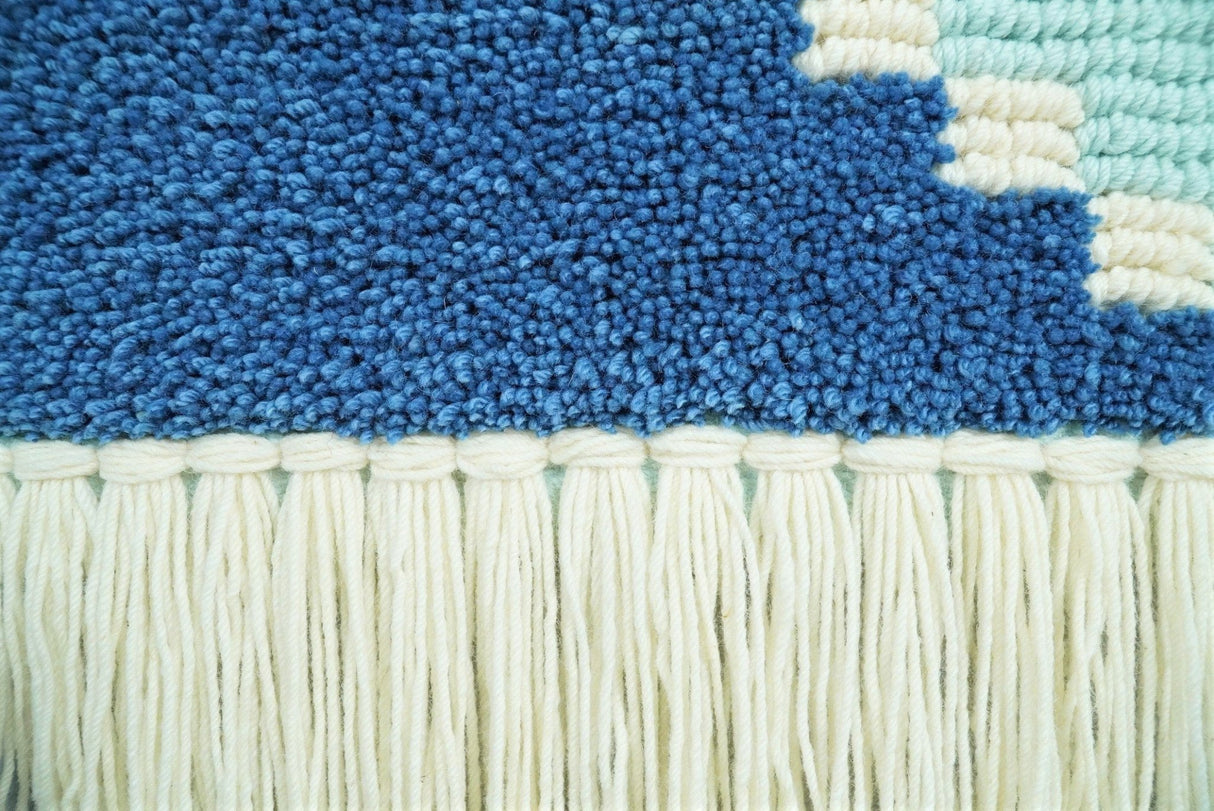 Hand Woven Wool Tapestry White and Blue Bohemian Modern Wall Hanging | WH8