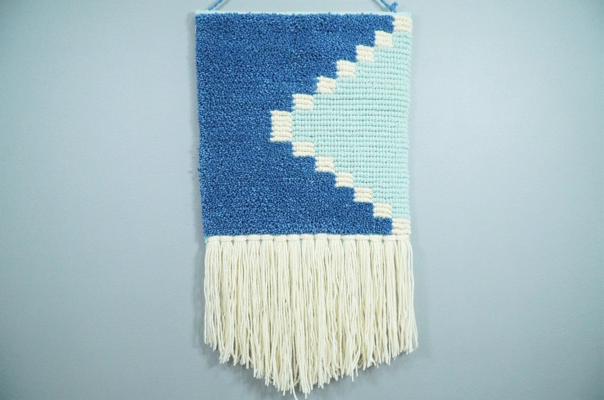 Hand Woven Wool Tapestry White and Blue Bohemian Modern Wall Hanging | WH8